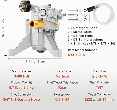 Miniatura 7 de VEVOR Bomba de lavado a presión, eje vertical de 78 pulgadas, 3400 PSI, 2.5 GPM, kit de bombas de repuesto para lavadora eléctrica, bomba de lavado