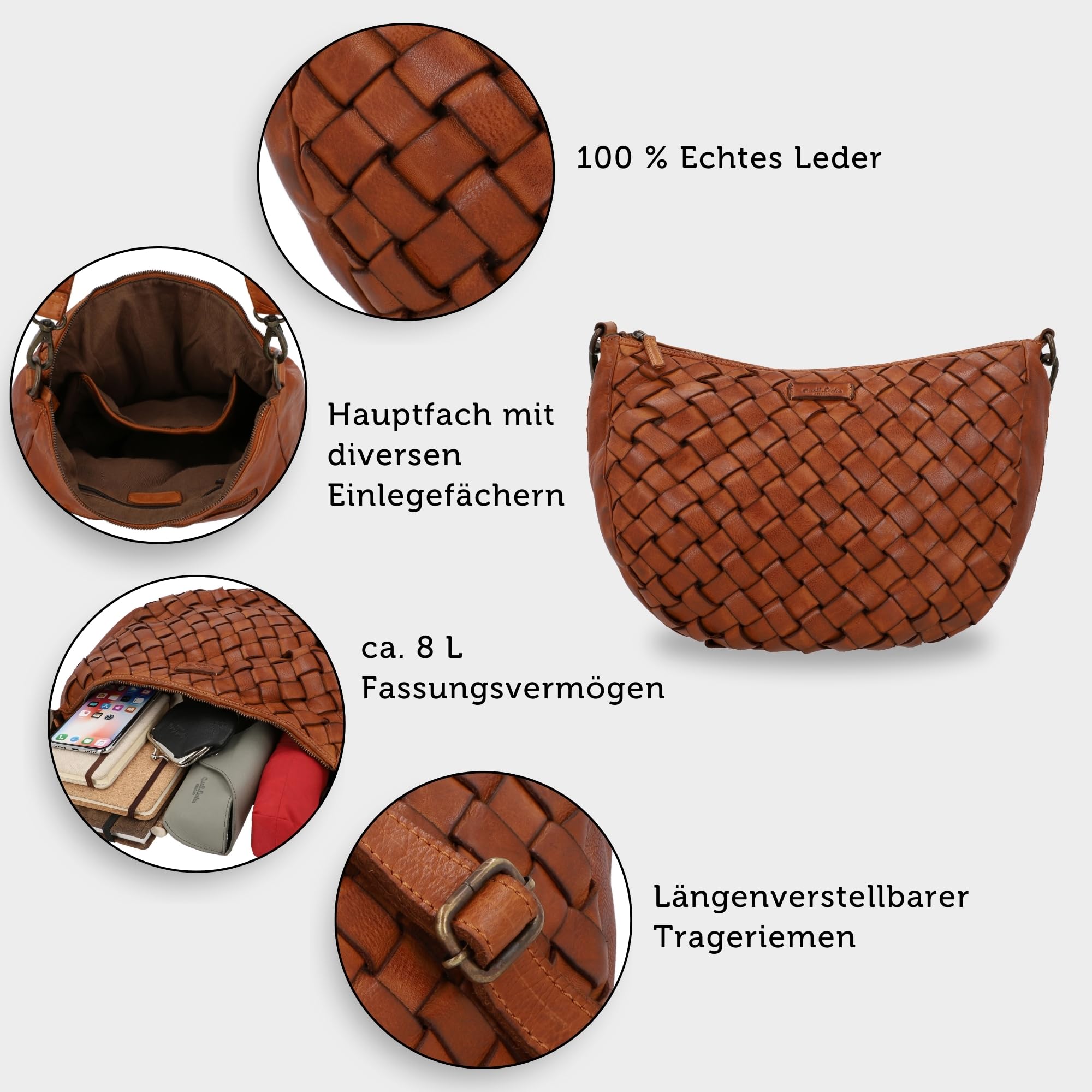 Gusti Leder Umhängetasche Damen - Clover – Halbmondförmige Ledertasche Damen aus Rindsleder - Vintage Umhängetasche Leder mit Retro Flechtdesign