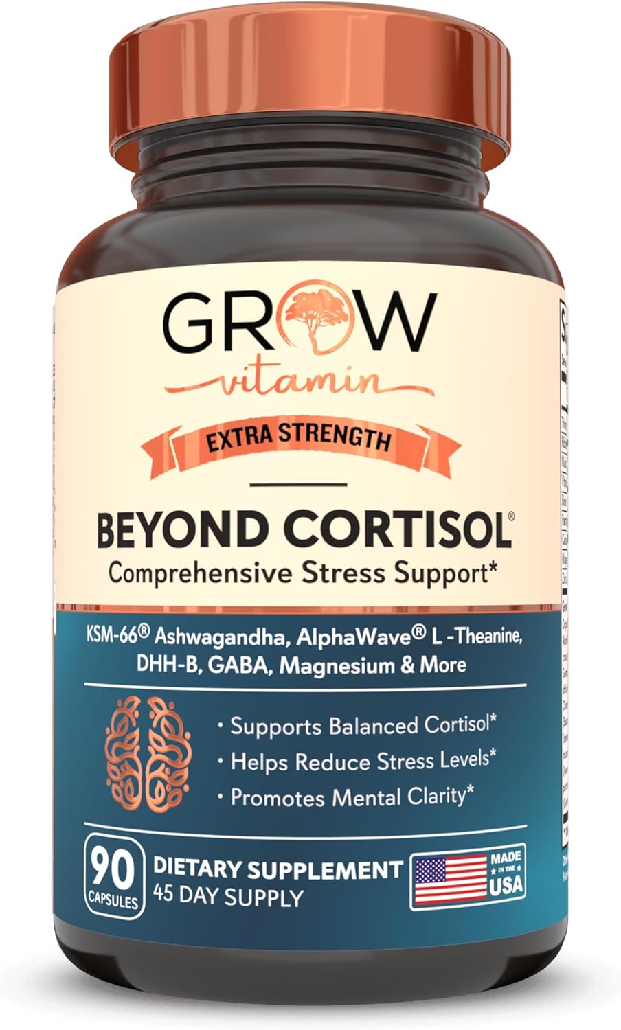grow vitamin Cortisol Support, Organic KSM-66 Ashwagandha, AlphaWave L-Theanine, GABA, Magnesium, 90 Capsules