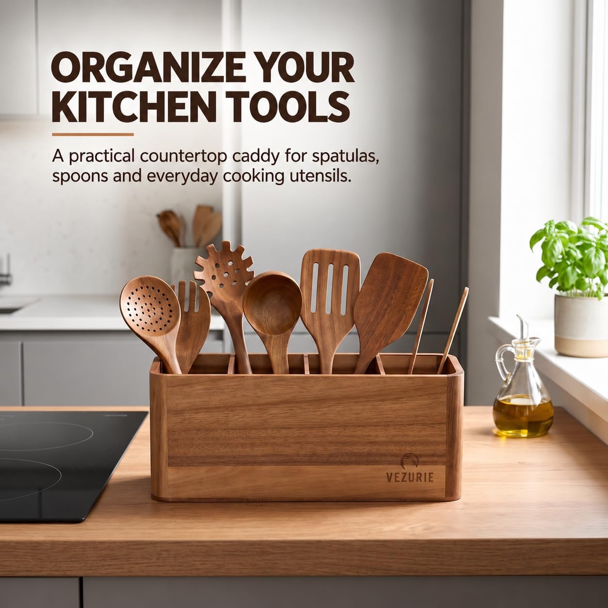 Wooden Utensil Holder for Kitchen Counter, XL Cooking Utensil Caddy