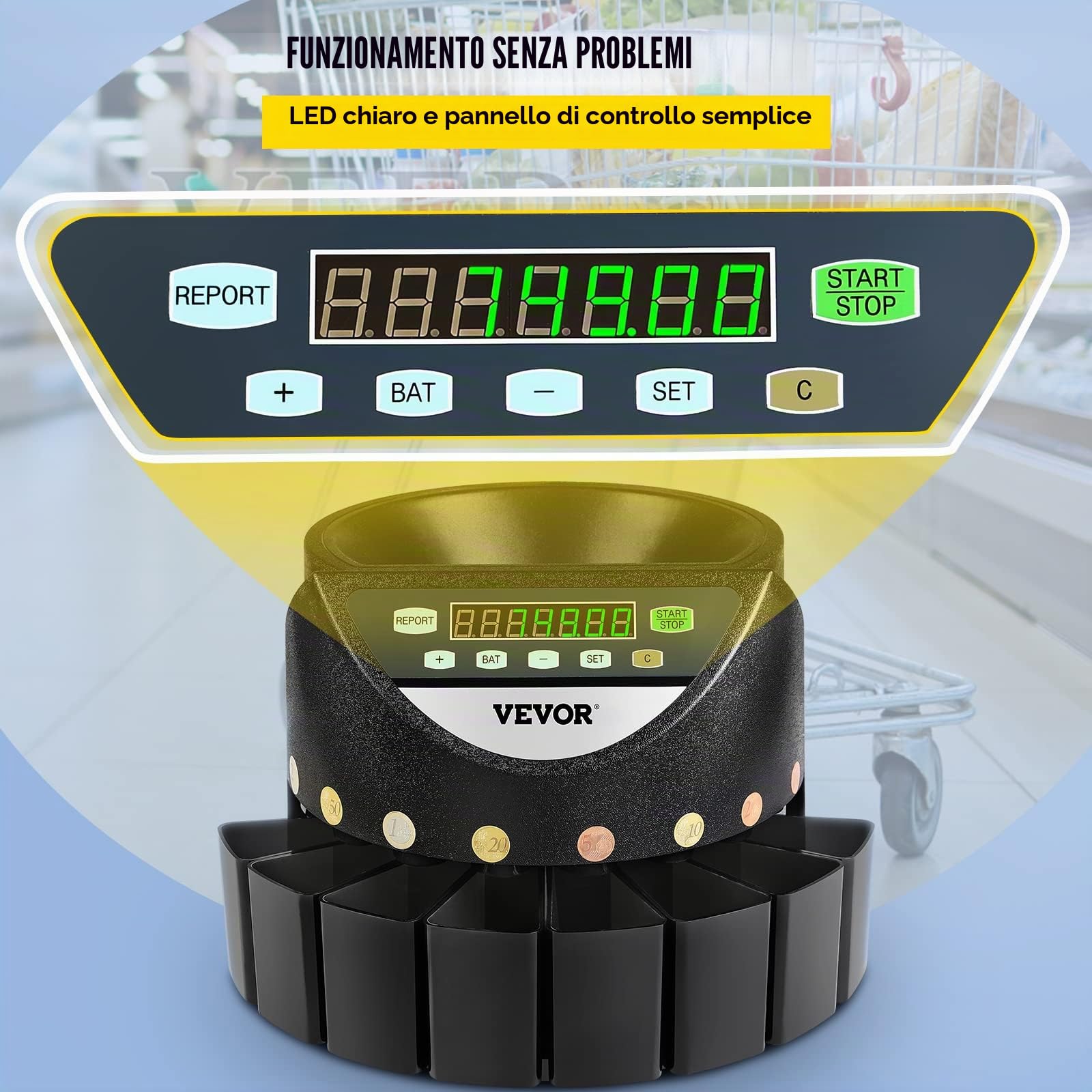 VEVOR Contamonete Professionale Euro 220V 300 Monete al Minuto Conta Monete Euro Capacità di Moneta Selezionatrice di Monete 700 Macchina Contamonete Euro con 8 Scatole di Raccolta