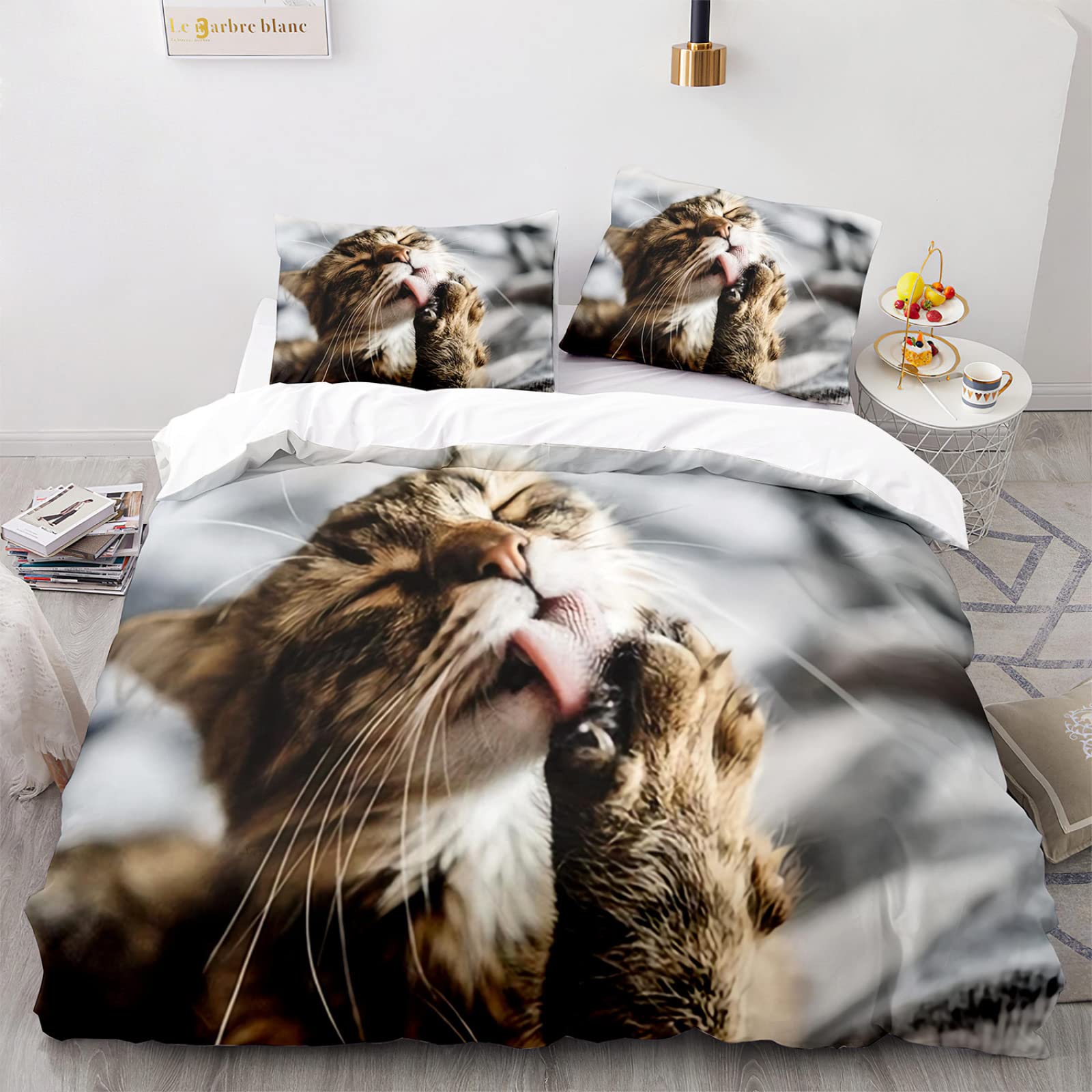 Housse de couette 160x200 chat gris parure de lit microfibre ado zip
