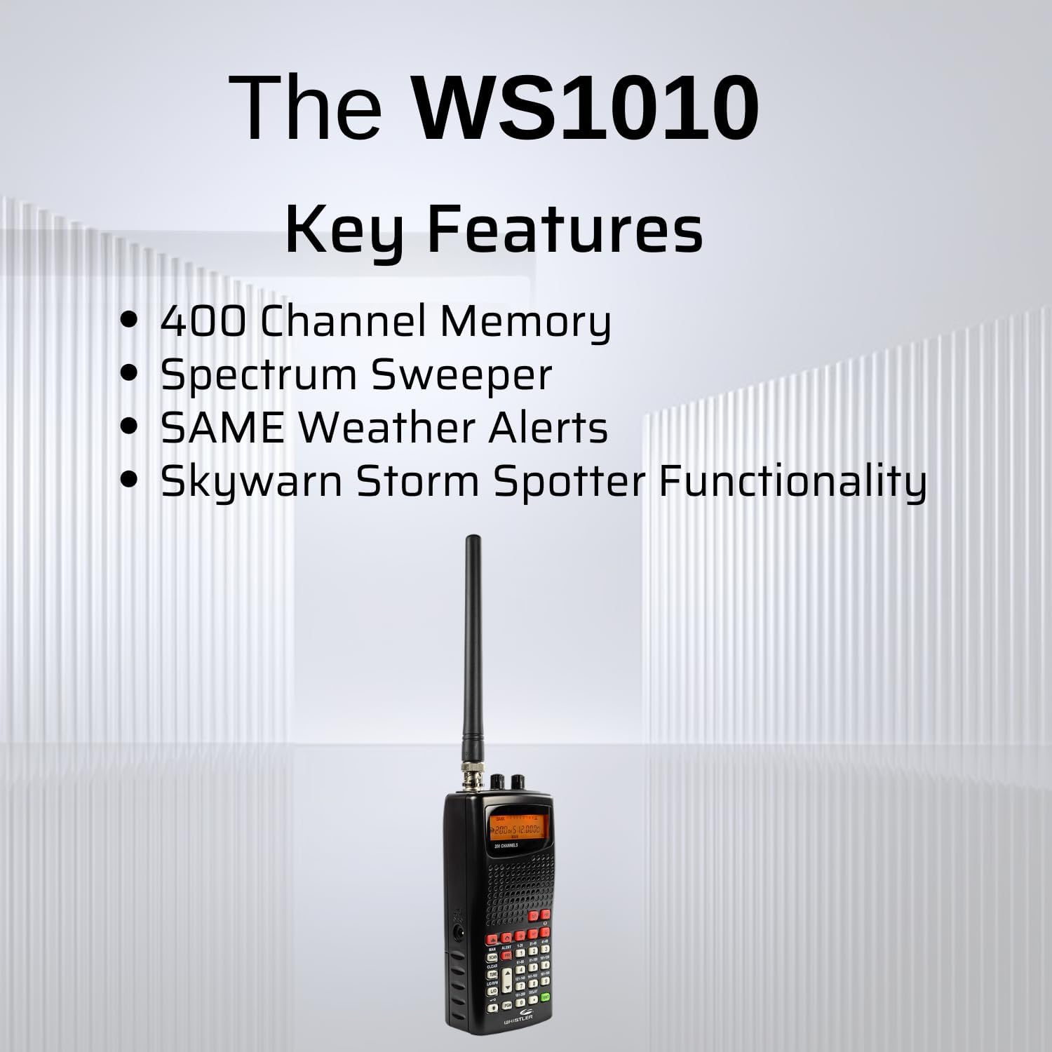 Whistler WS1010 Analog Handheld Scanner – 400 Channels, Skywarn, Same Weather Alerts, Spectrum Sweeper, PC Programmable, Service Banks for Police, Fire, Marine, Air & Ham – Black