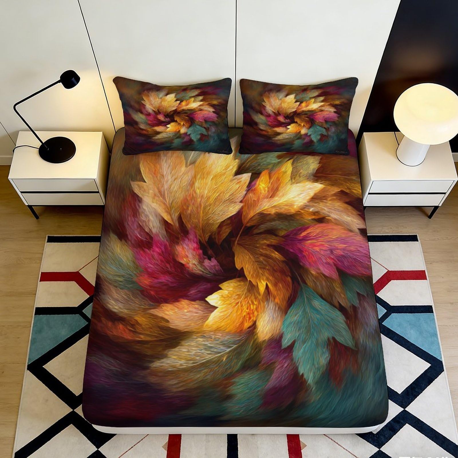 3D Printed Autumn Leaves Fitted Sheet Microfiber Soft Multicolor Swirl Bed Cover for Bedroom Guestroom Decor 90x200x25cm