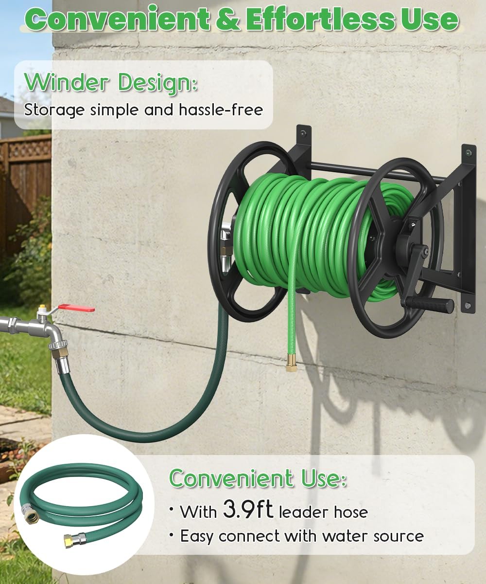Garden Hose Reel Wall Mounted, Heavy-Duty Water Hose Holder Winder with 3.9 ft Leader Hose & Brass Fitting, Hose Hanger Storage Rack Holds 125-Feet of, 5/8-Inch, for Yard Lawn Farm, Black