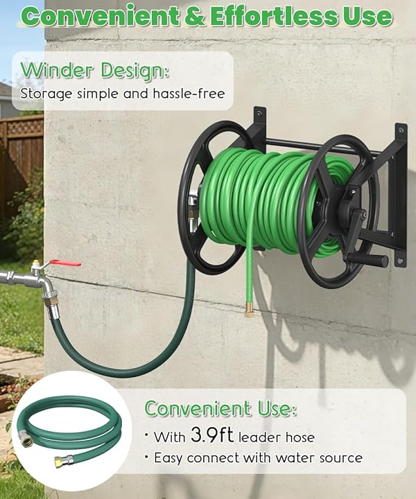 Ansionsol Garden Hose Reel Wall Mounted, Heavy-Duty Water Hose Holder Winder with 3.9 ft Leader Hose & Brass Fitting, Hose Hanger Storage Rack Holds 125-Feet of, 5/8-Inch, for Yard Lawn Farm, Black by Ansionsol - Image 7
