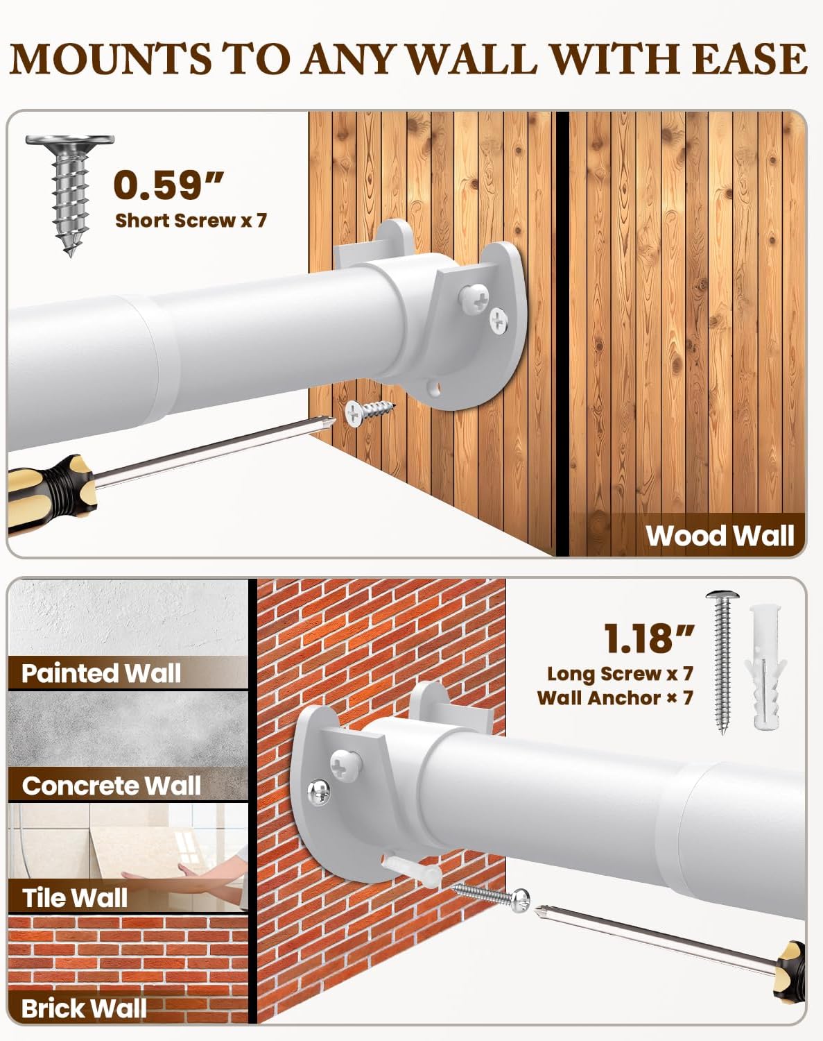 Closet Rod 17-84 IN, Heavy Duty Closet Rods for Hanging Clothes, Adjustable Closet Rods for Wardrobes Storage Laundry RV Bathroom, Easy Install, White