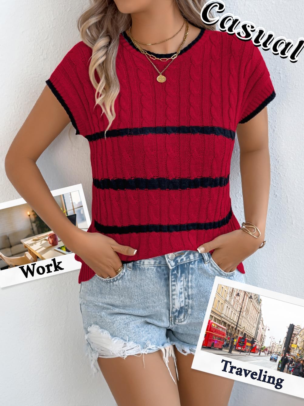 Women Summer Sleeveless Sweater Vest, Crew Neck Striped Cap Sleeve Cable Knit Tank Tops, Work Casual Outfit Going Out - Image 7