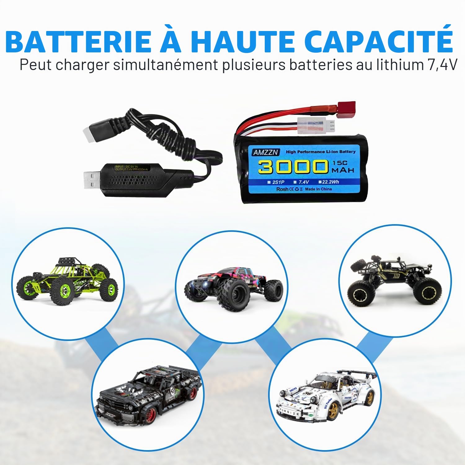 Batterie Li-ion 7,4V 3000mAh 15C 2S avec Connecteur T-Plug et Câble USB – WLtoys 12423 MJX 14301 14302 14303 H16PL Voiture RC - Jeux - Jouets