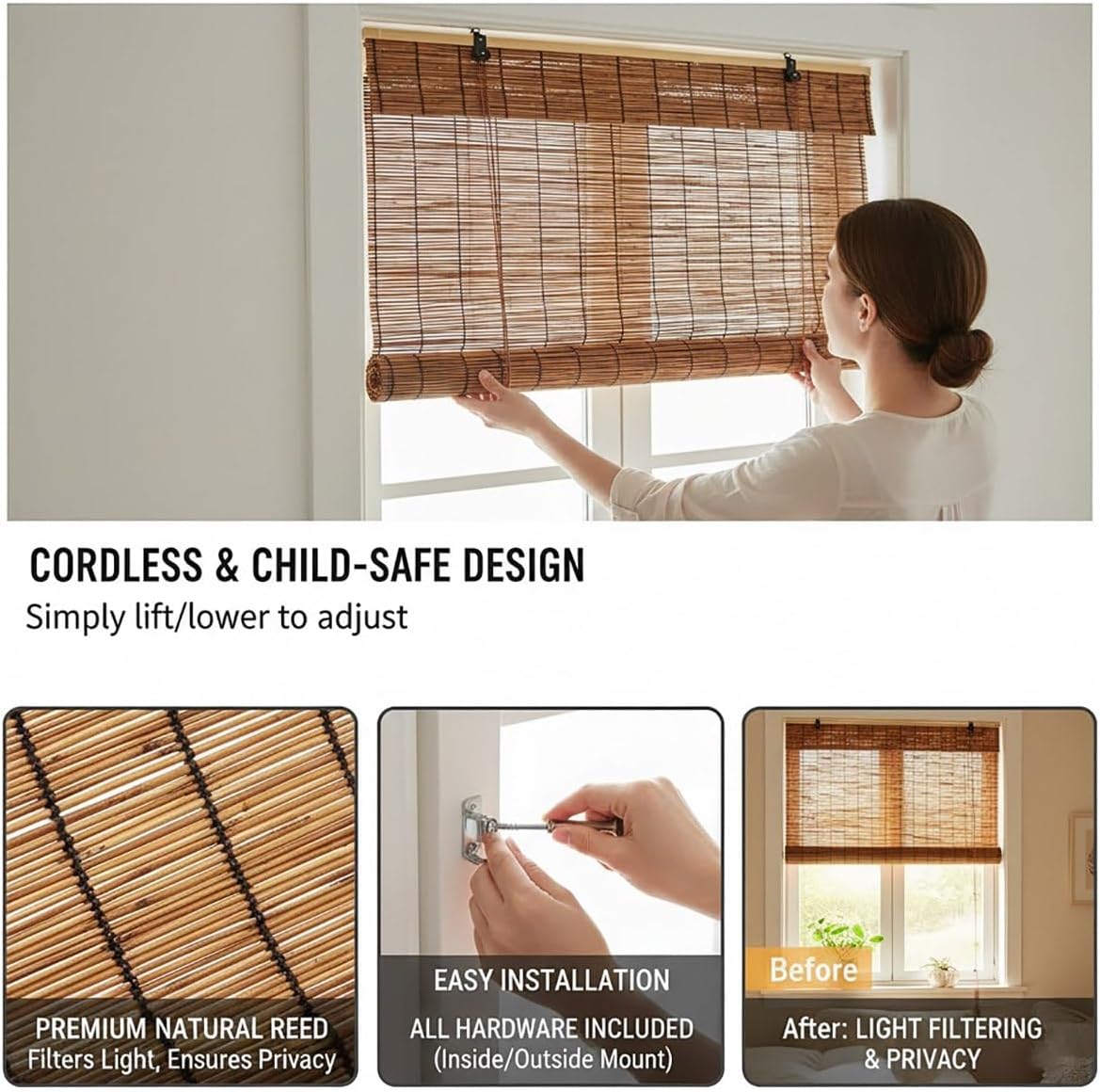 Retro Bamboo Roll up Blinds, Outdoor Reed Shades for Patio & Porch, Waterproof Roller Window Shades with Lift, Blackout Privacy Screen for Home Garden, 24" 36" 48" 60" 72" Wide Brown(64" W x 72" H)