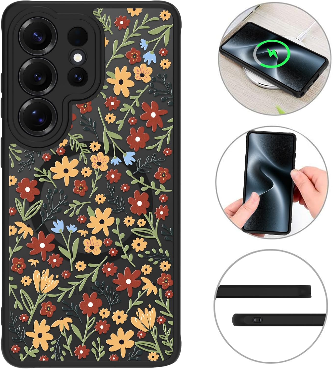 MZELQ Magnetic Case for Samsung Galaxy S26 Ultra, Red Orange Floral Flower [Compatible with Magsafe Charging] Translucent Matte Hard Shockproof Camera Protection Cover for Women Men, Frosted Black