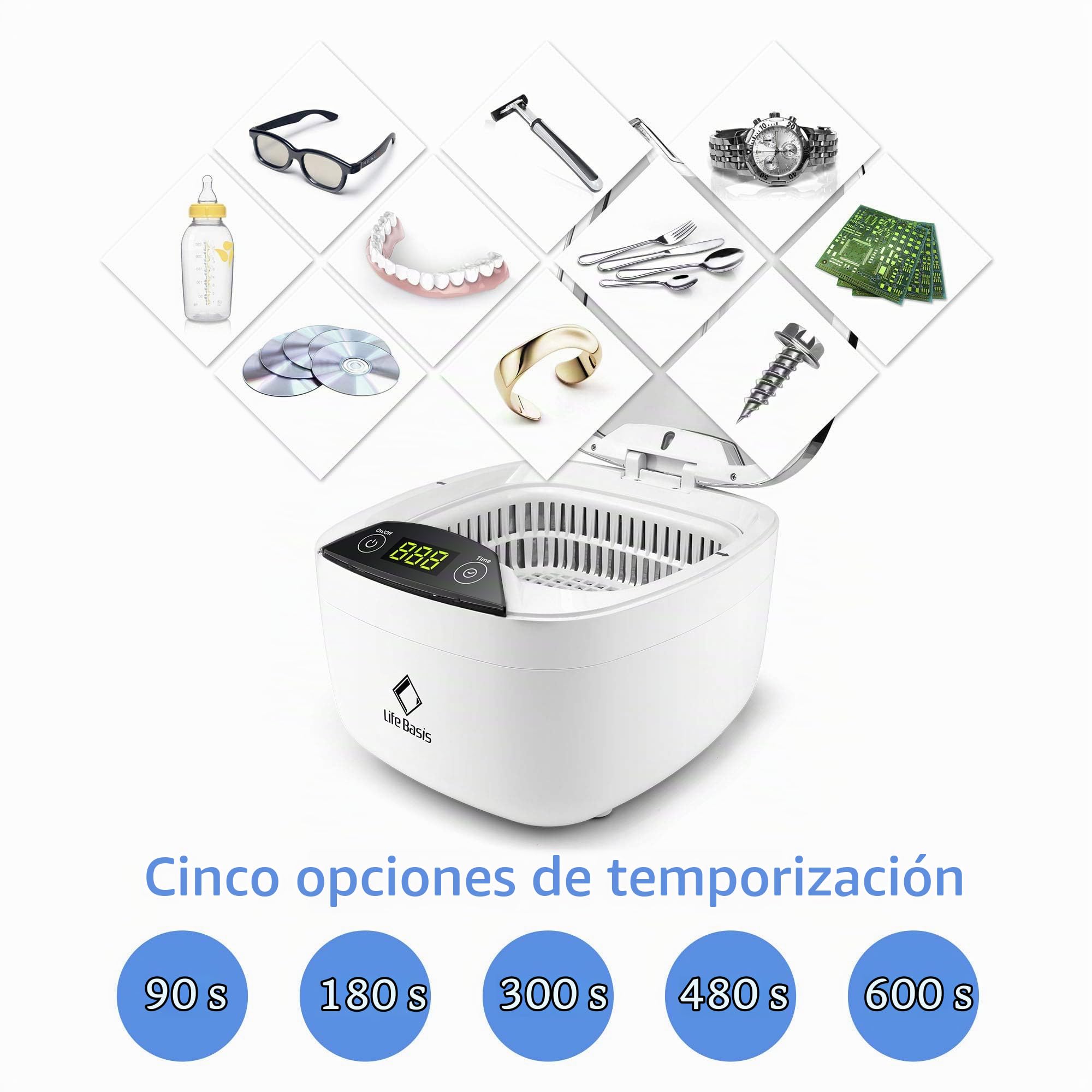 LifeBasis Máquina de Ultrasonido Limpiador Onda Ultrasónica Limpieza automático Profesional para Limpiar Piezas Joyería Joya Gafas Monedas Dentaduras Reloj Postizas Disc