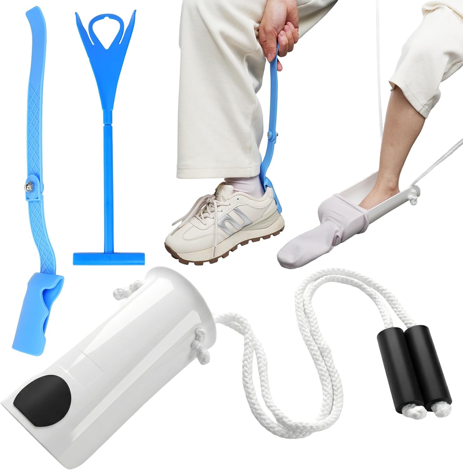 Sock Aids for Putting On Socks, Easy On and Off Sock Helpers, No Bending Flexible Sock Aid Device with Shoe Horn Long-Handle Back Scratcher Good for Seniors, Disabled, Pregnant