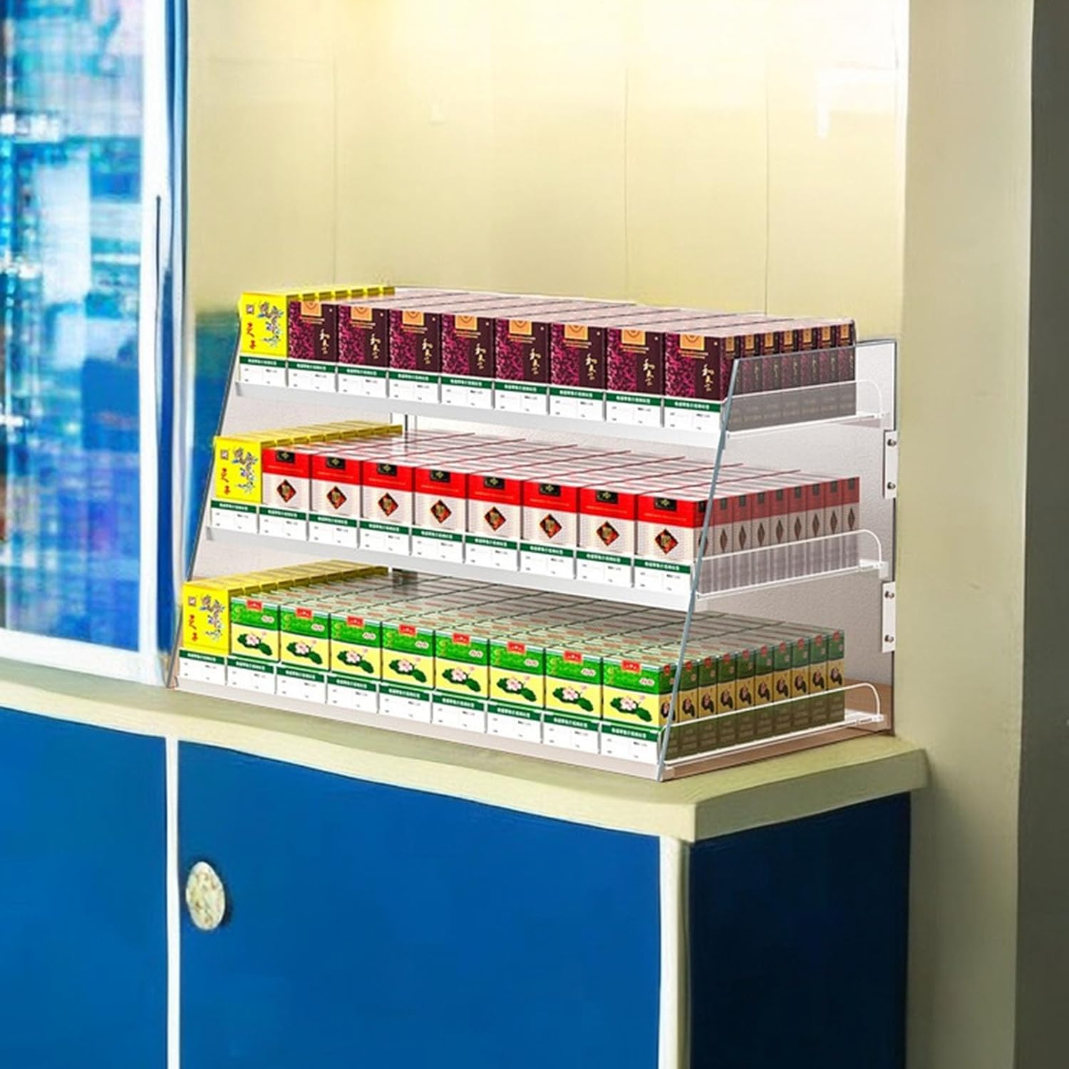 Wall-Mounted Transparent Cigarette Display Rack - Automatic Clear Cigarette Case for Retail Stores, Supermarkets & Coffee Shops (92cm x 29cm x 30cm) - Durable Plastic Pushers.
