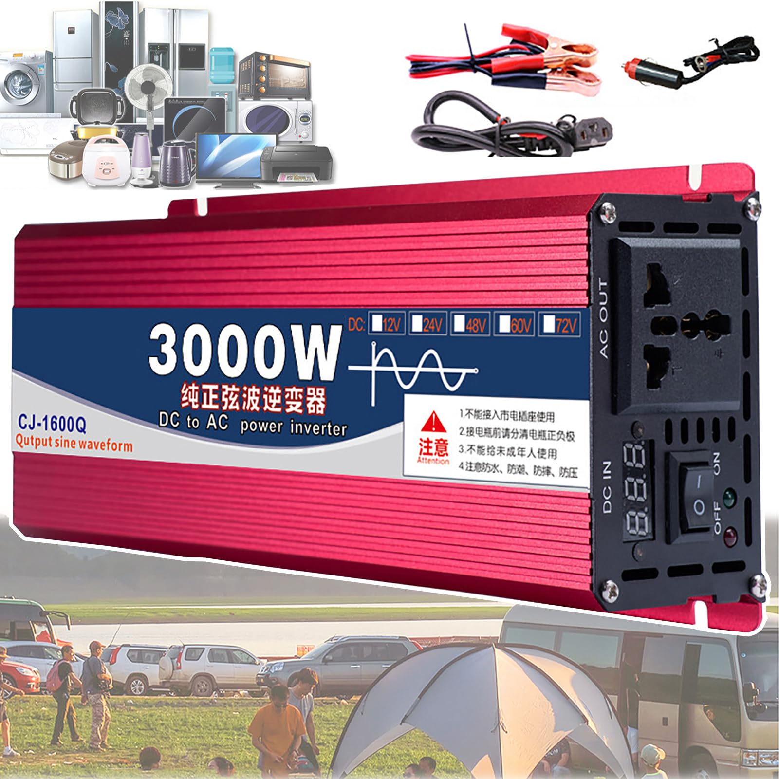 Inversor De Onda Sinusoidal Pura (1600W-8000W), Inversor Para Coche De 12V/24V/48V/60V A 220V, Con Tomas Universales De 1/2 Y Pantalla De Voltaje, Para Autocaravanas, Camiones, Coches,3000W-12V
