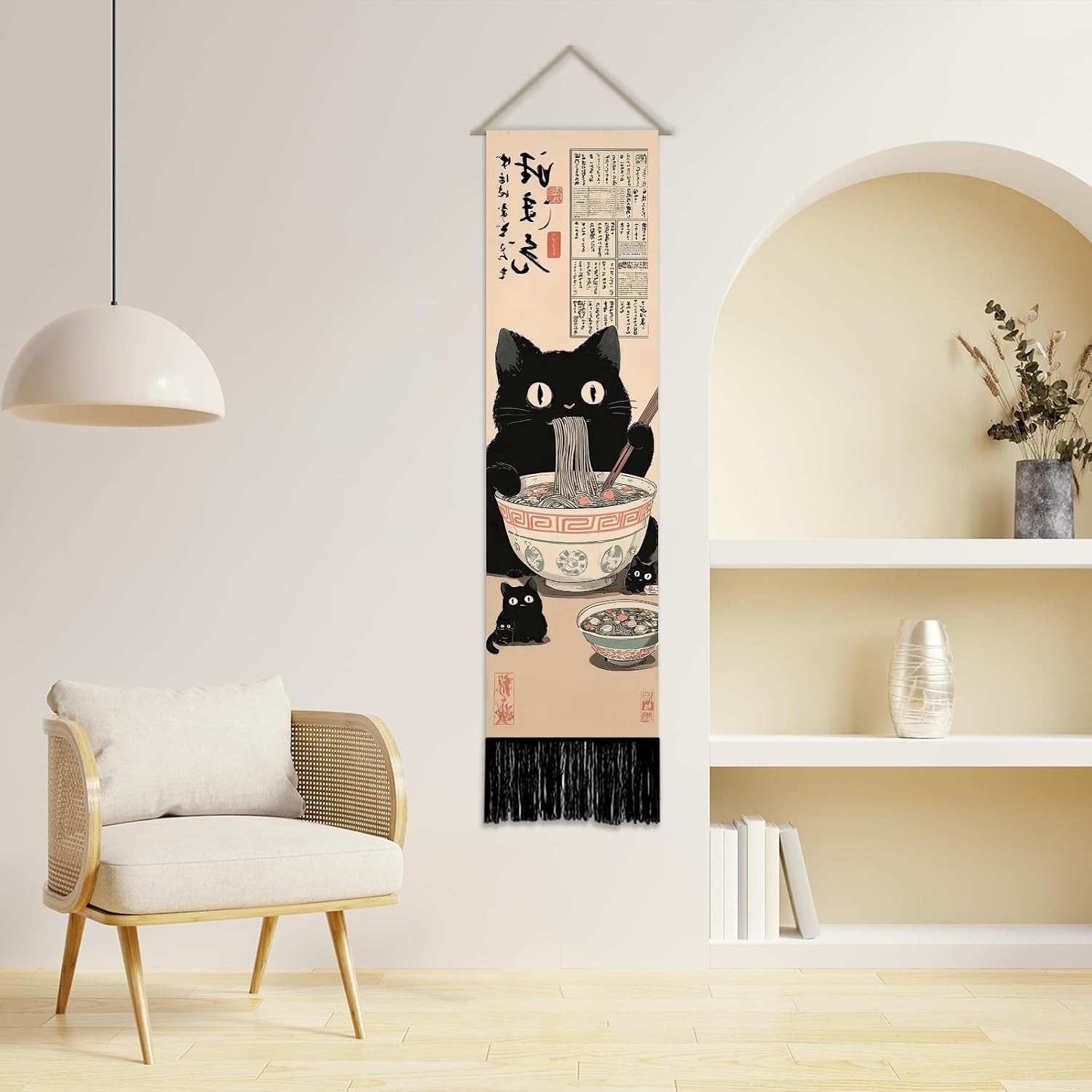 SUPERDANT 2pcs Wall Tapestry Set Black Cat Eating Noodles Wall Art Hanging Japanese Cat Retro Tapestry For Home Apartment Bedroom And Living Room Decor 51x13 In image 2