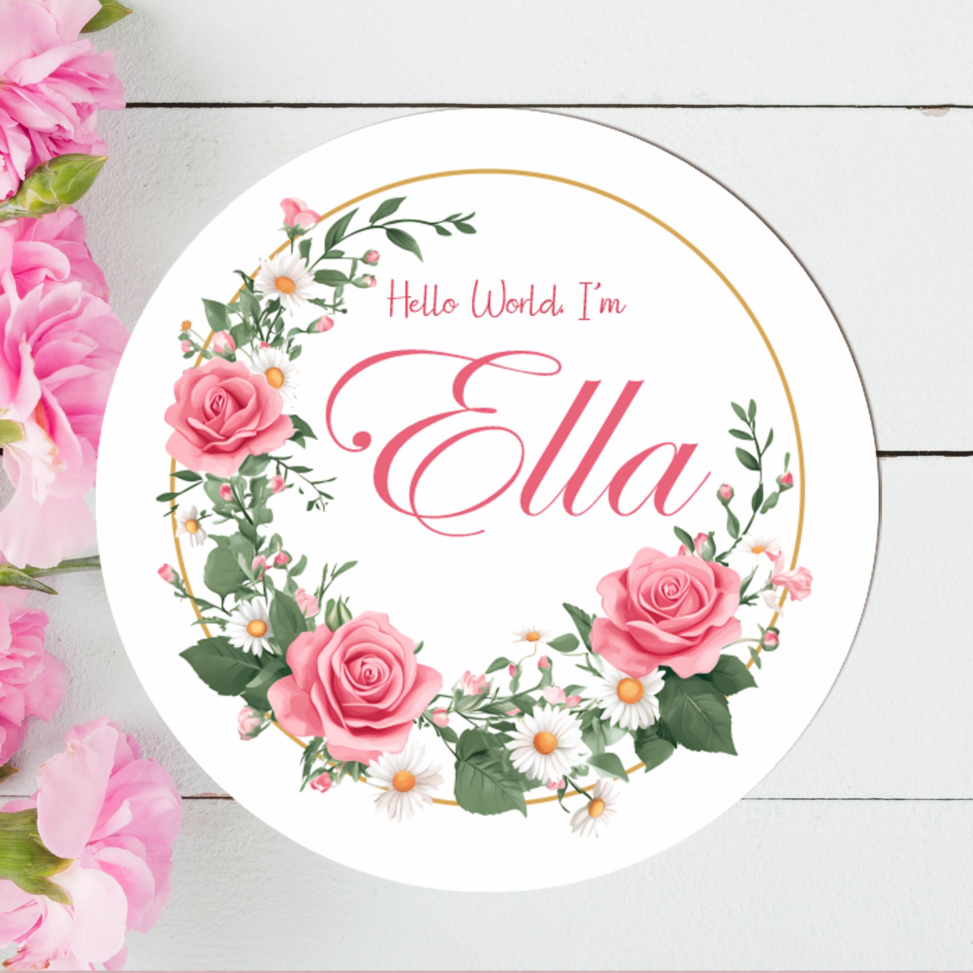 Round Floral Welcome Plaque 14cm x 14cm New Baby Girl Keepsake Disc, New Baby, Baby Shower, Personalised Name Wooden Sign, Ideal for Nursery Decor (Pink roses)