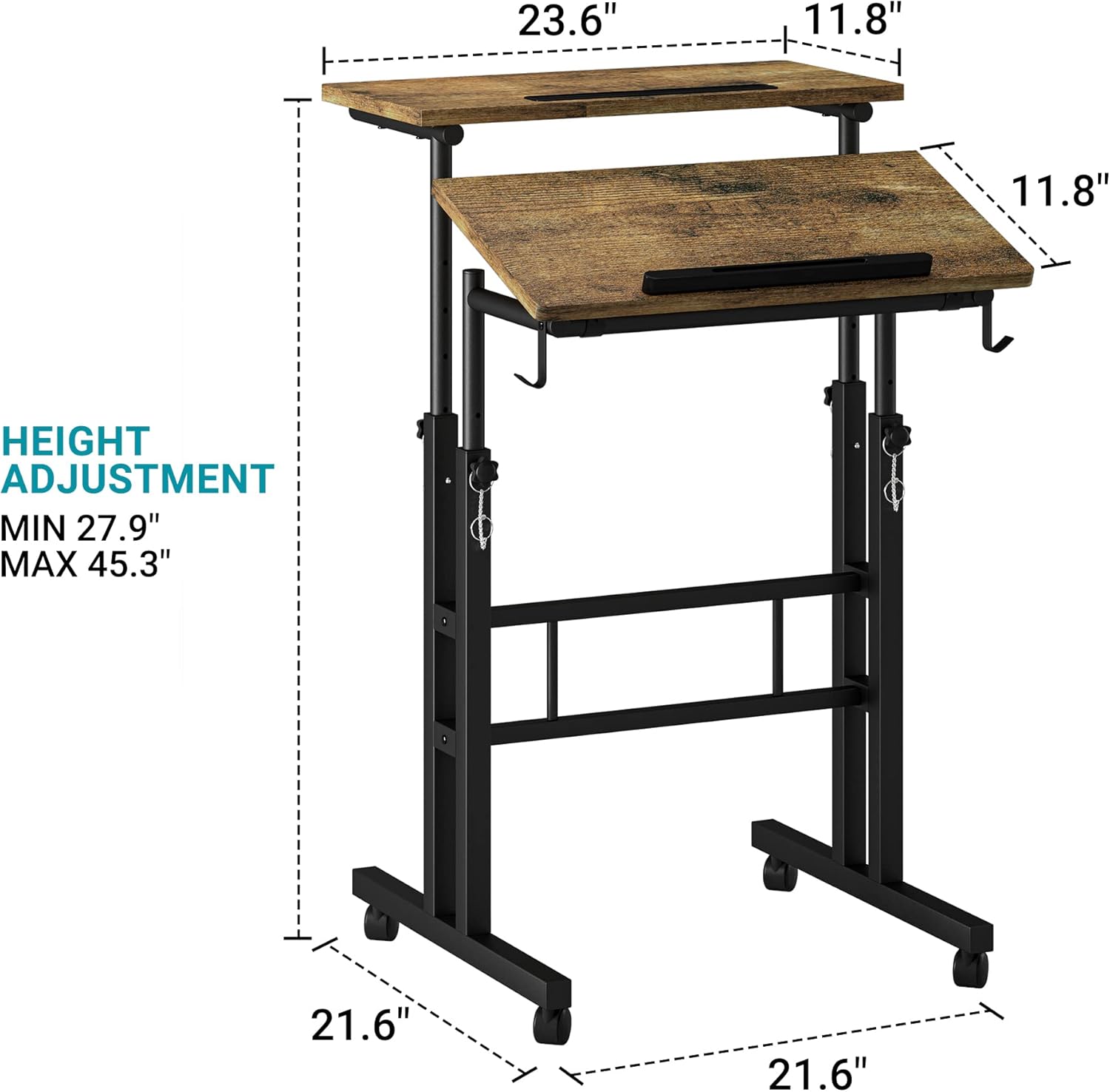 Klvied Rolling Mobile Desk with Cup Holder, Portable, Adjustable Height Small Stand up Desk on Wheels for Home Office Laptop Cart, Computer, Standing or Sitting,Oak - Image 3
