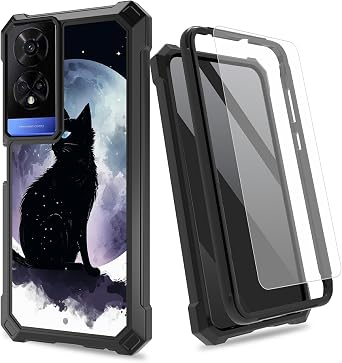 Moon Black Cat for TCL 50 XE 5G Case w/Tempered Glass Screen Protector, 2 Layers Rugged Shockproof PC Frame + Soft Silicone Bumper Phone Case for TCL 50 XE Nxtpaper 5G