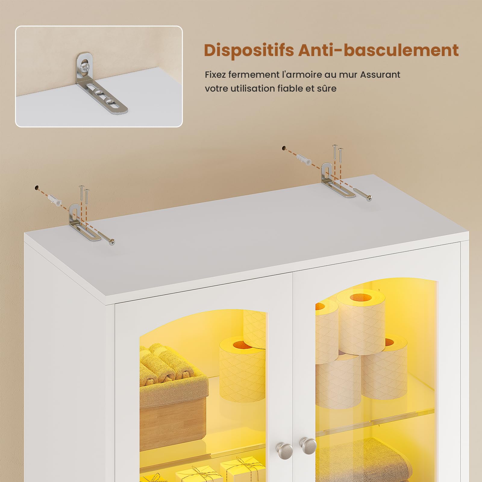 Meuble Colonne Salle de Bain avec Éclairage LED, Armoire de Rangement avec 2 Étagères Réglables, 2 Porte en Verre, Gain de Place, Armoire Haute pour Salon Cuisine, 60 x 29.5 x 179 cm, Blanc