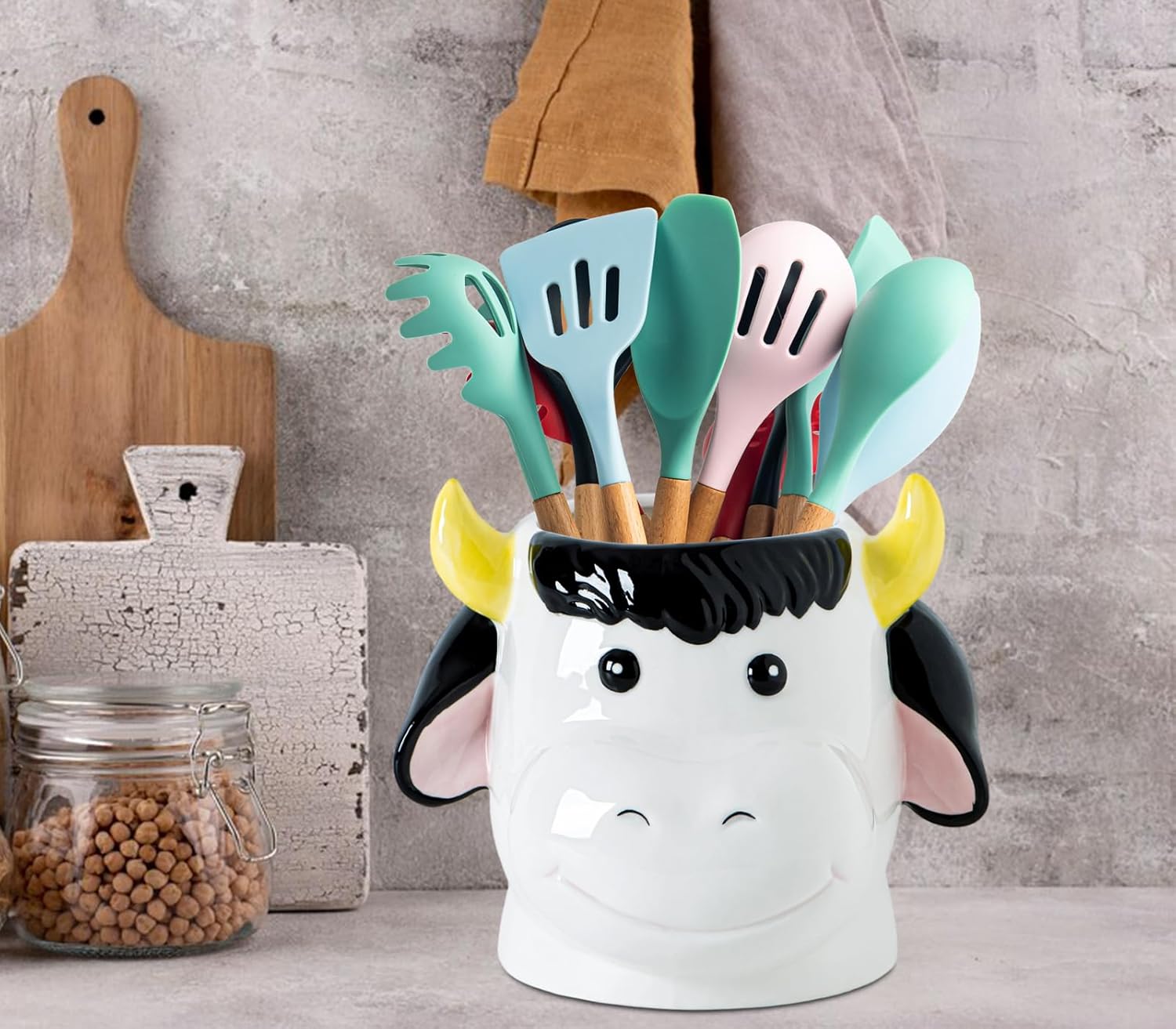 dgudgu Cow Kitchen Utensil Holder For Countertop Ceramic Utensil Crock For Kitchen Countertop, White Pink Decor Cute Farmhouse Storage Organizer For Forks, Spoons & Cooking Tools
