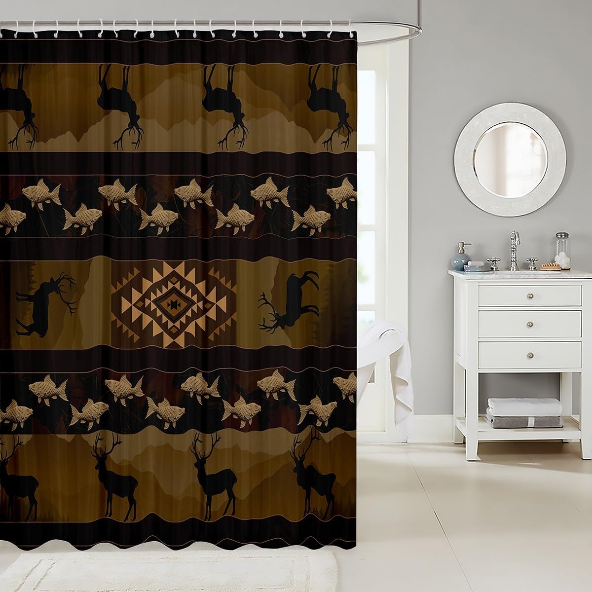 Deer Antler Silhouette Bath Curtain,Wildlife Outdoor Adventure Tribal Bathroom Shower Curtain,Retro Jungle Camouflage Print Waterproof Fabric with Hooks for Stalls,72Wx78L inch