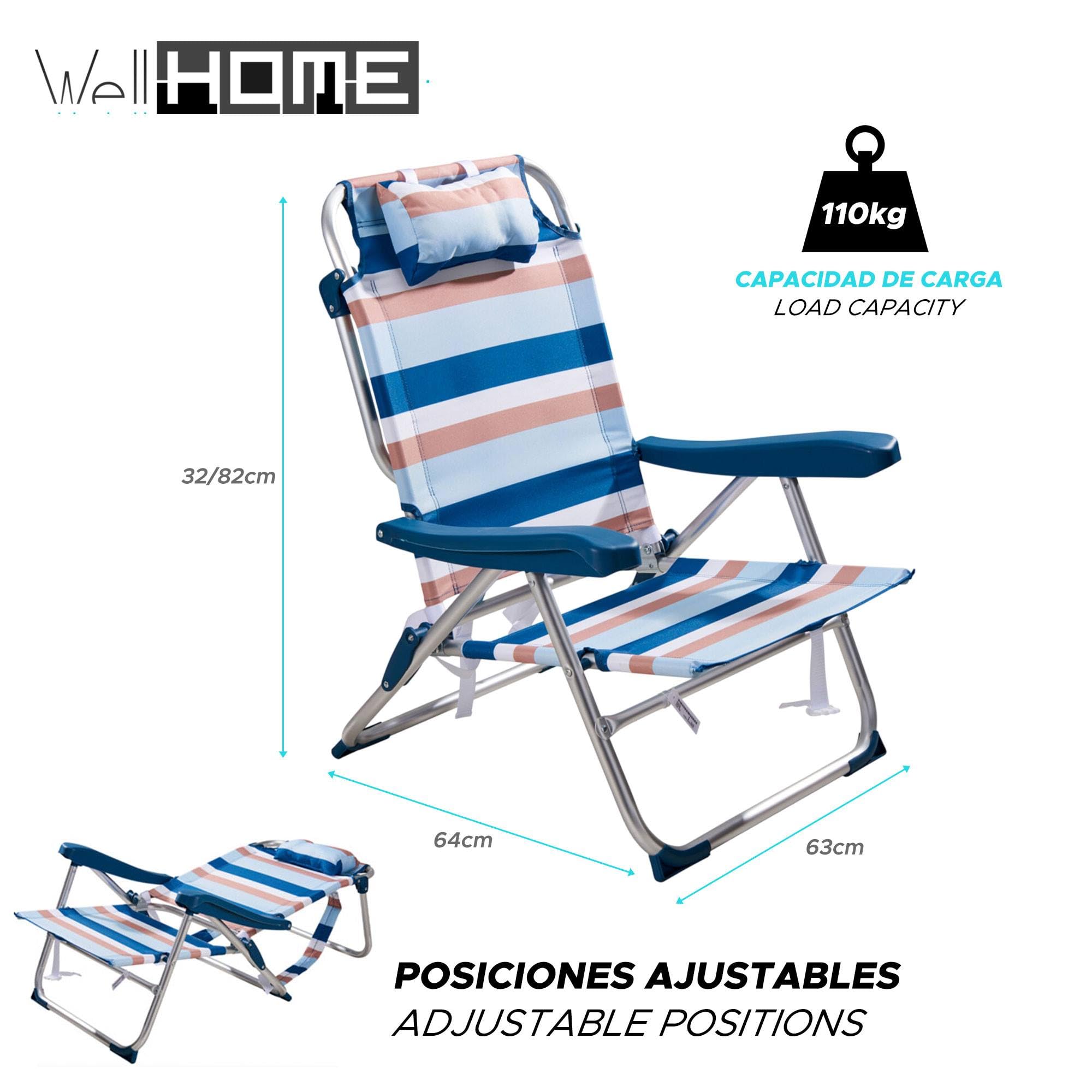 Well Home Silla Plegable de Camping/Playa reclinable con Almohada 64x63x32/82cm Aluminio anodizado, Rayas Azules, Tejido 600x300D hasta 110kg