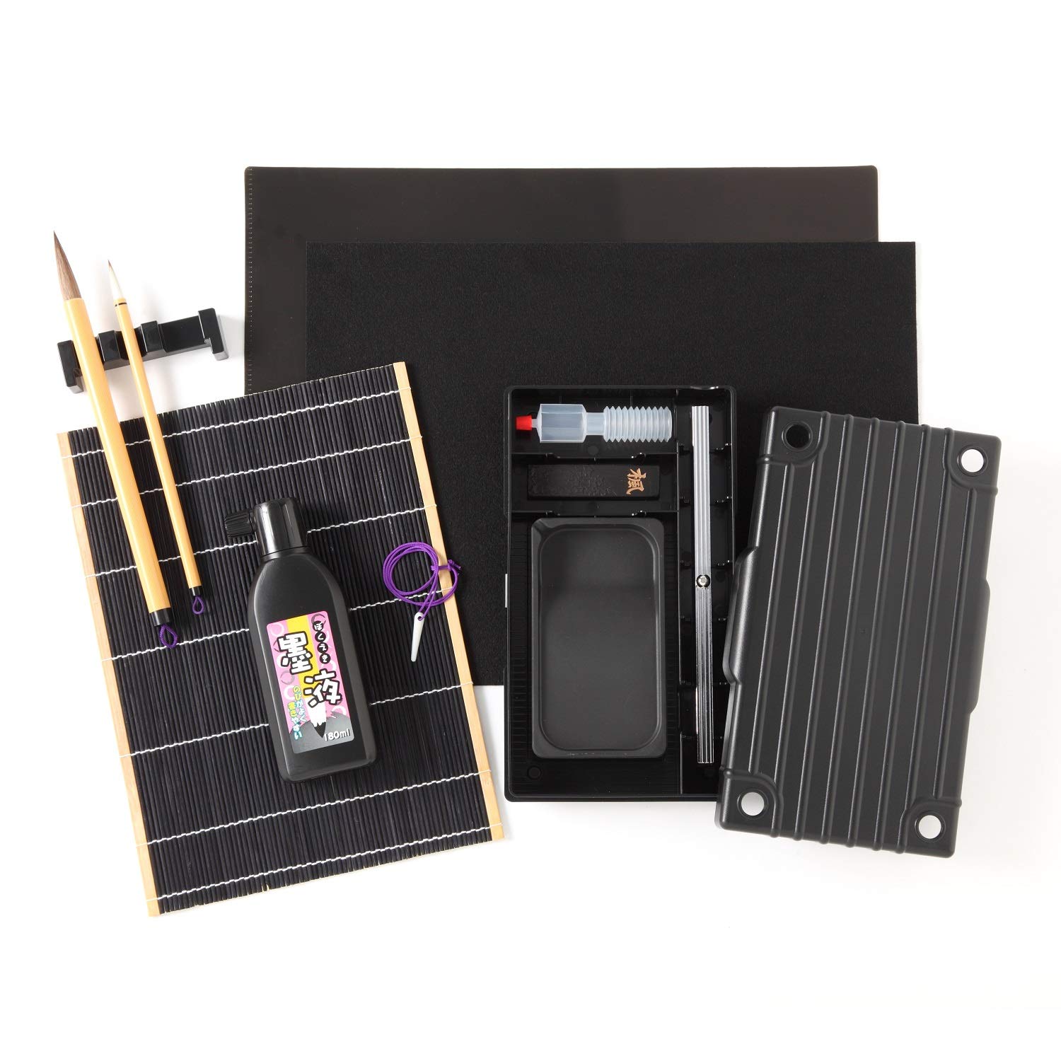 Japanese calligraphy 花と石の墨書掛軸 木製収納ケース付き Japanese