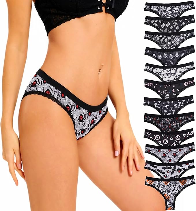 SYVIN Women's 12-Pack Allover Spooky Print Thong Underwear, Contrast Lace Trims Sexy Stylish Multiple Styles Assorted