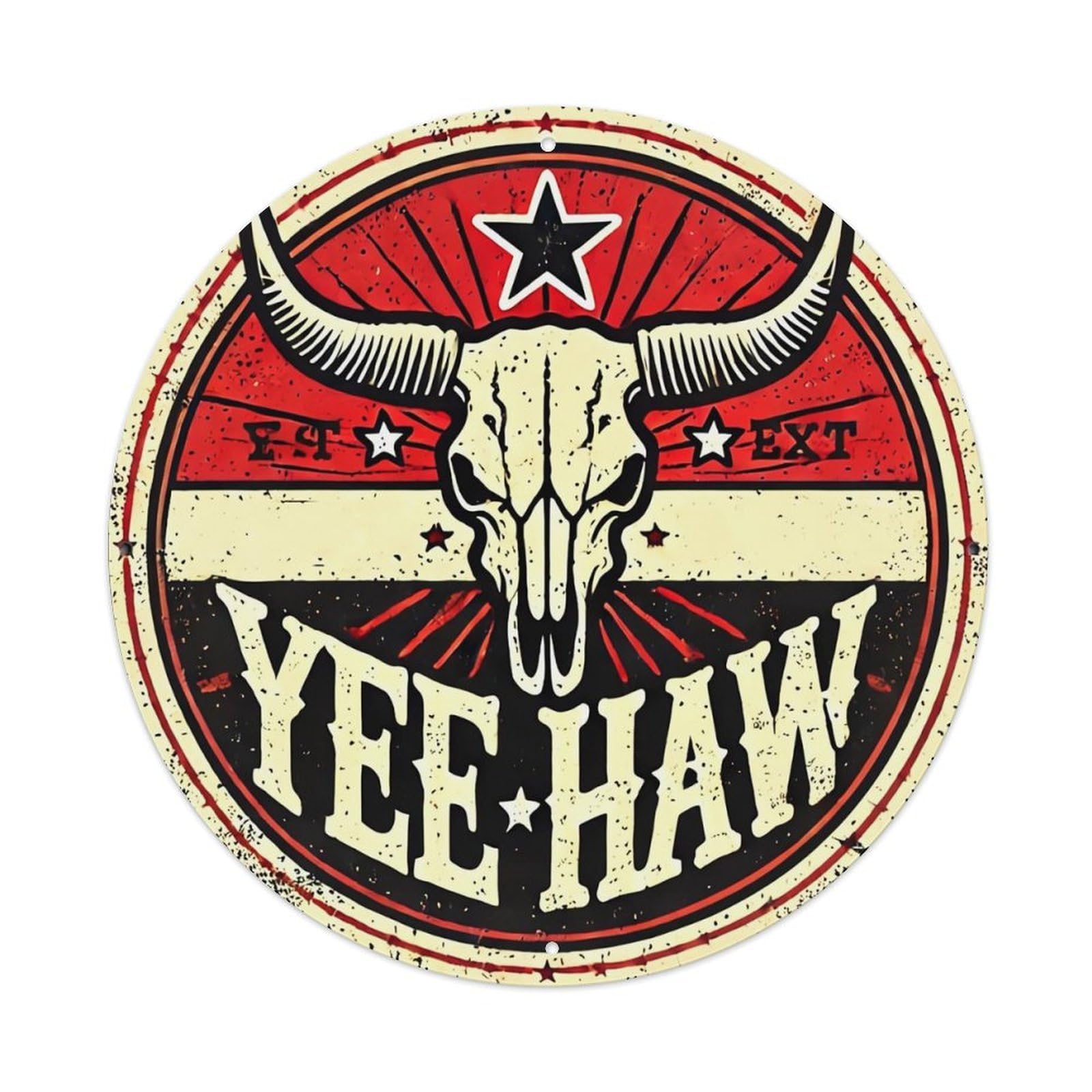 Cow Skull Star Yee Haw Retro Metal Sign Round Tin Sign, Vintage Decor Art Poster for Bar, Home, Man Cave, Kitchen, Laundry Room Gift 8x8Inch