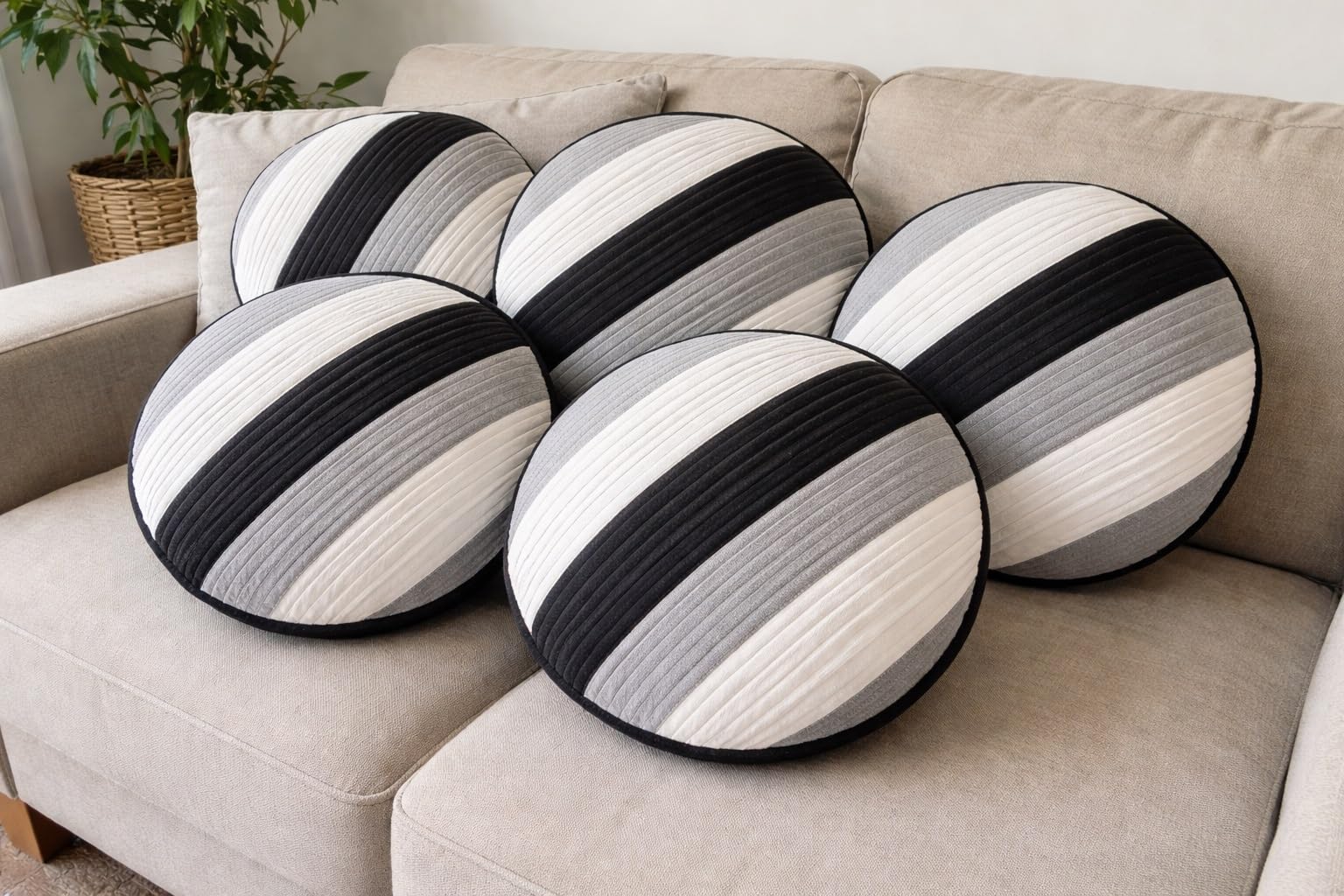 safaan round cushion covers, black & white, diagonal quilted polyester, 16x16 inches, zipper closure, set of 5, for sofa, living room, bedroom