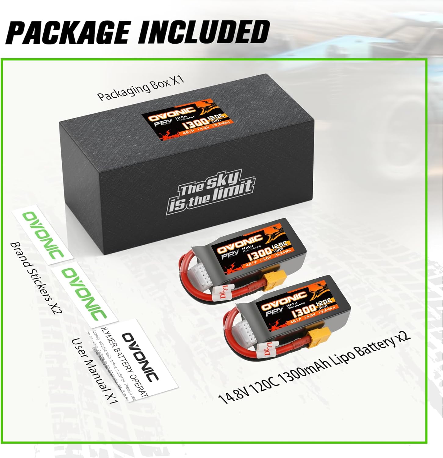 OVONIC 4s Lipo Battery 120C 1300mAh 14.8V Lipo Battery with XT60 Plug for RC FPV Racing Drone Quadcopter(2 Packs)