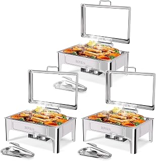 ROVSUN 9QT 3 Pack Roll Top Chafing Dishes for Buffet, Chafing Dish Buffet Set, Rectangular Stainless Steel Chafers and Buffet Warmers Sets with Glass Lid & Serving Tong for Parties Weddings Catering
