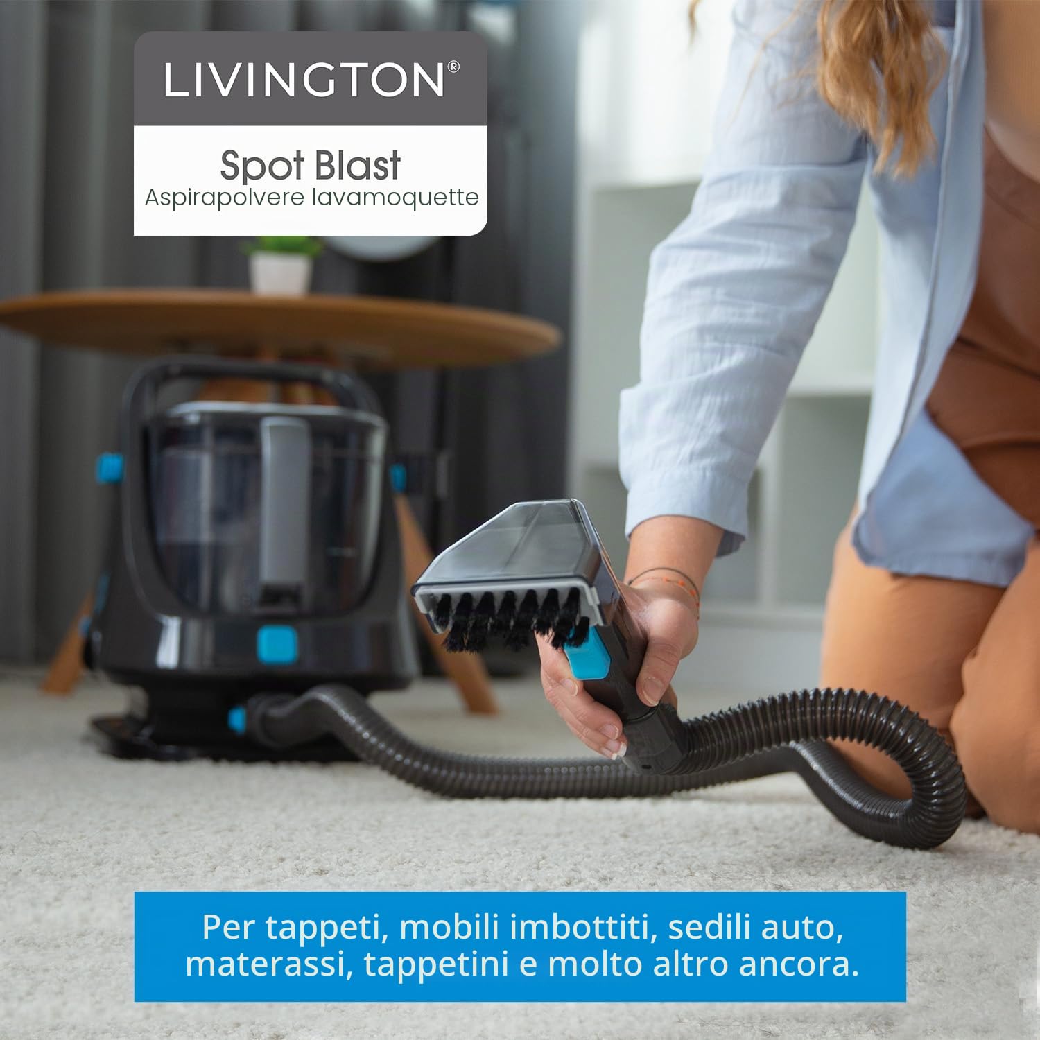 Livington SpotBlast – Pulitore macchie per tappeti, divano, tappezzeria e auto – Detergente per tappezzeria con spazzola 3 in 1 – Detergente per tappeti