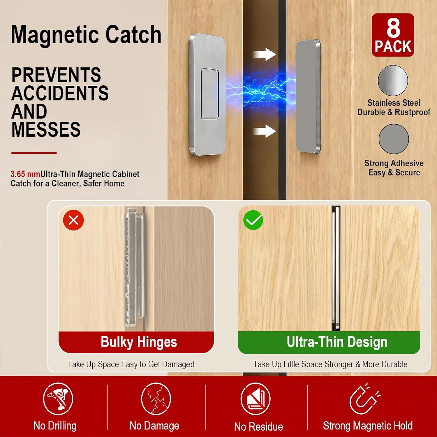 8 Pack Magnetic Cabinet Door Catch, No Drill Adhesive Drawer Magnets | Ultra Thin Stainless Steel Latch for Kitchen, Pantry, Bathroom, Closet and RV