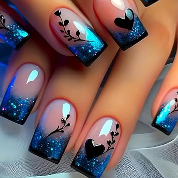 24Pcs Valentines Press on Nails Medium Artificial Acrylic Square Nails Dark Blue Glitter French Tip Glossy Stick on Nail Heart Glue on Nails for Women Valentines Manicure