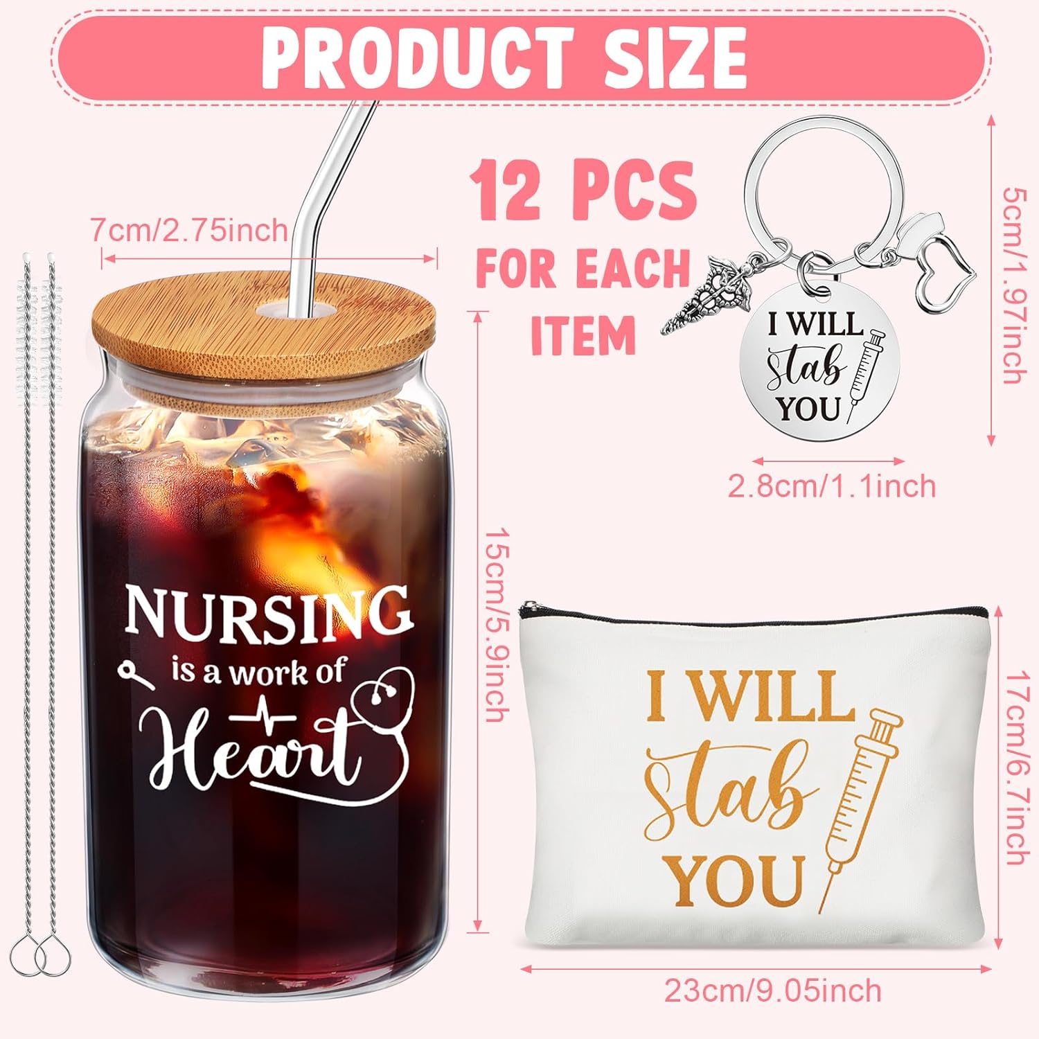 Tioncy 36 Pcs Nurse Appreciation Gifts Bulk, Thank You Gifts for Nurse Including 16 oz Cups with Lid and Straw Inspirational Makeup Bag Keychains for Nursing Week School Party Supplies