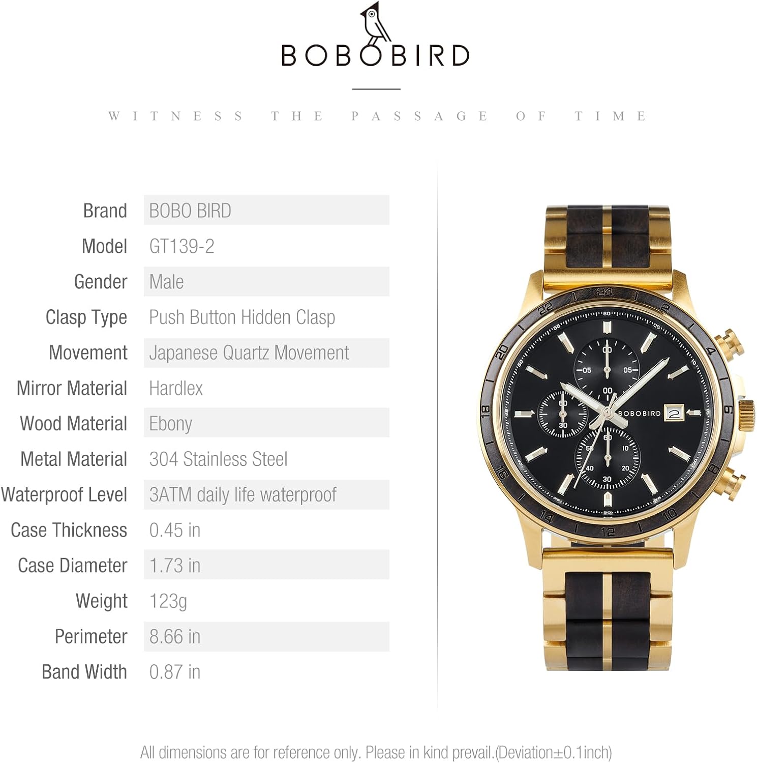 BOBO BIRD Men's Wooden Watch with Stainless Steel Wood Strap, Japanese Quartz Movement, Multi-Functional Chronograph Watch for Business
