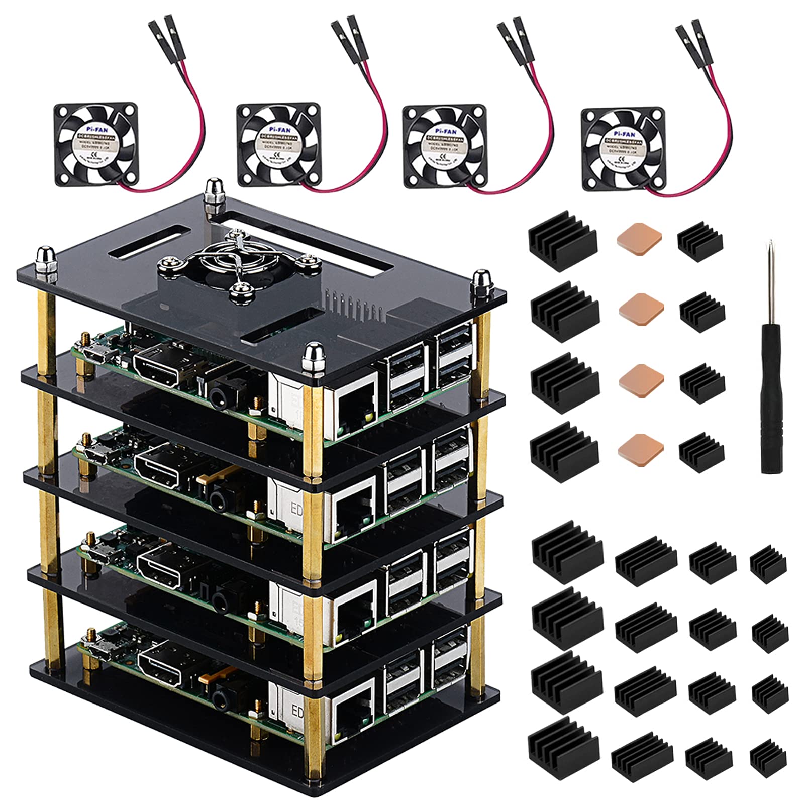 Acrylic Raspberry Pi Cluster Case, Raspberry Pi Case With Cooling Fan And Raspberry Pi Heatsink For Raspberry Pi 3 Model B+, Pi 3 B, Pi 2 B, Pi B+ (4 Layers-Brown)