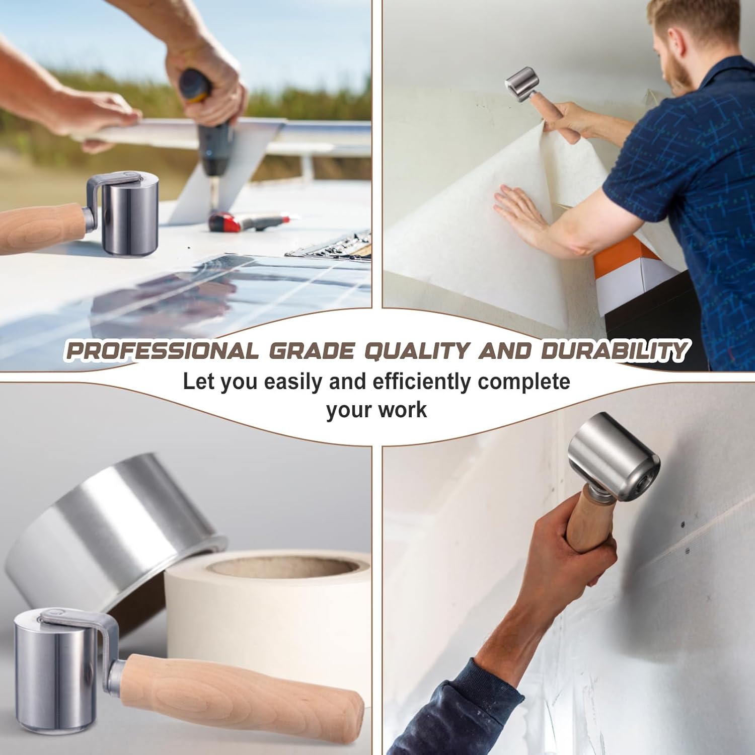 2-1/2" Steel Seam Roller for Rv Roof Repair, Heavy Duty Curved End Ball Bearing Sealant Steel Seam Roller with Wood Handle for Vinyl Flooring Sealing Edges