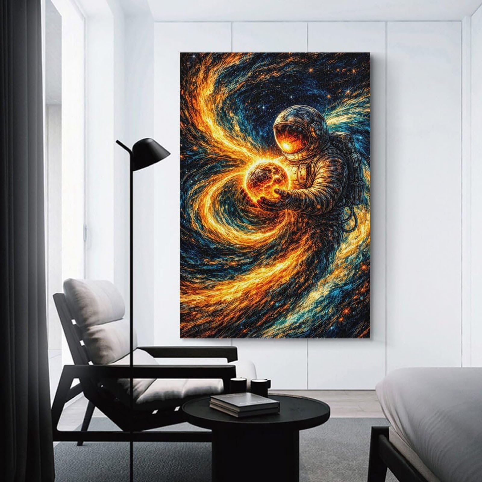 Junmoney Astronaut Holding A Fiery Planet Wall Art Print, 16x24inch(40x60cm), for Entryway, Lounge Links Or Small Walls, Decorative Canvas Styling for Entry Areas