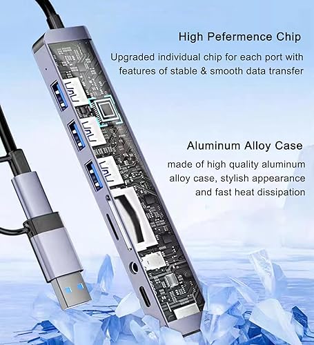 Miniatura 8 de Hub USB C Hub USB 3.0 con lector de tarjetas SDTF, conector auxiliar de auriculares de 0.138 in, divisor USB 8 en 1 para MacBook Pro Air, XPS,