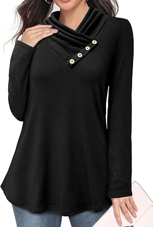 Bulotus Womens Turtleneck Sweaters Ribbed Knit Split Cowl Neck Tunic Sweaters