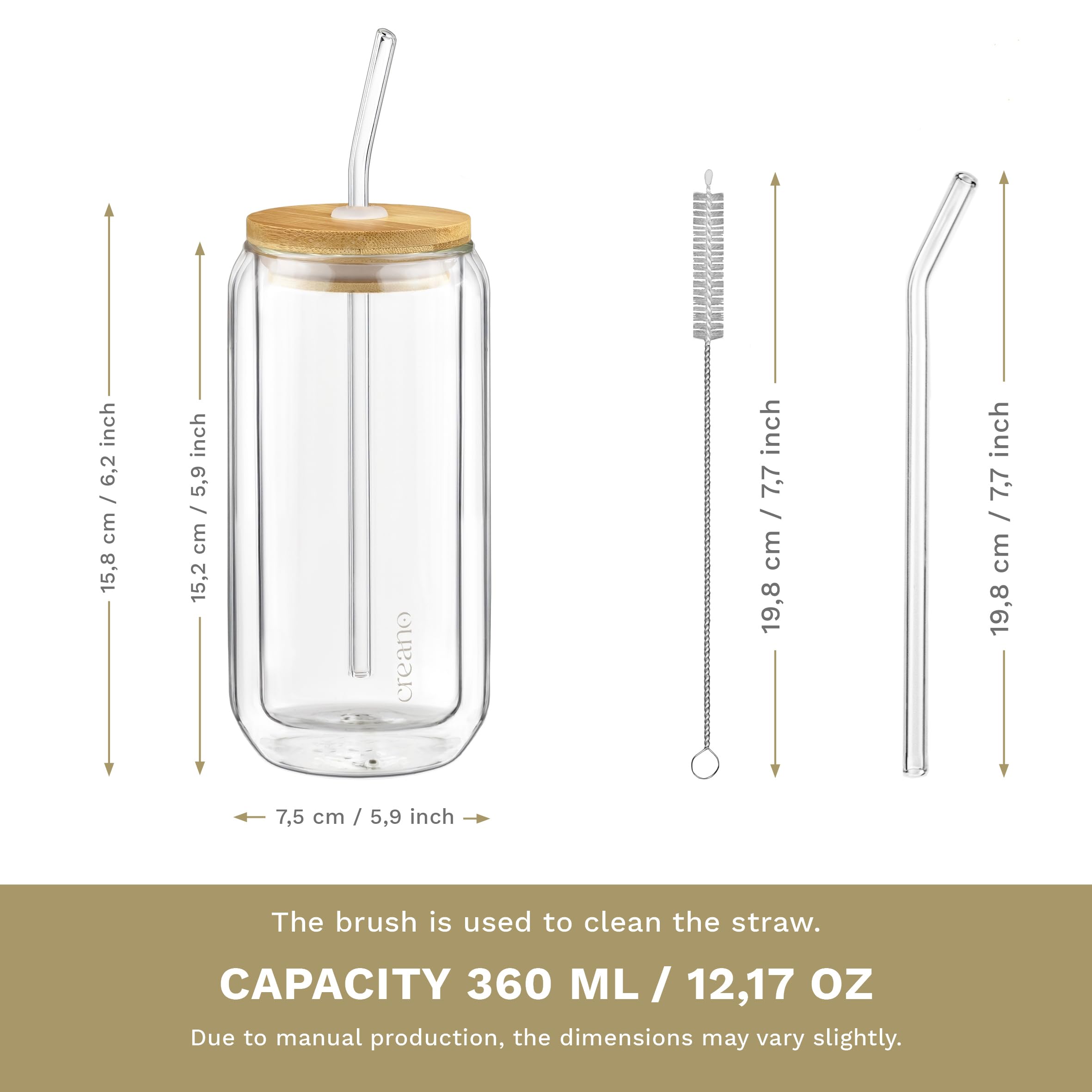 Creano doppelwandige Trinkgläser mit Bambusdeckel & Strohhalm 360ml - Smoothie Becher - Bubble Tea - Cocktailglas - 4er Set