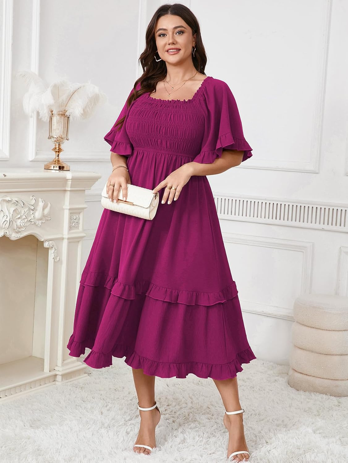SCOMCHIC Women's Plus Size Maxi Dresses Summer Short Sleeve Square Neck Smocked Wedding Guest Cocktail Boho Long Dress