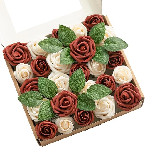 Miniatura 1 de Ling's Moment Flores artificiales de boda de 1.5 pulgadas y rosas pequeñas de 2 pulgadas, 25 piezas de ámbar y crema con tallo para bricolaje, boda,