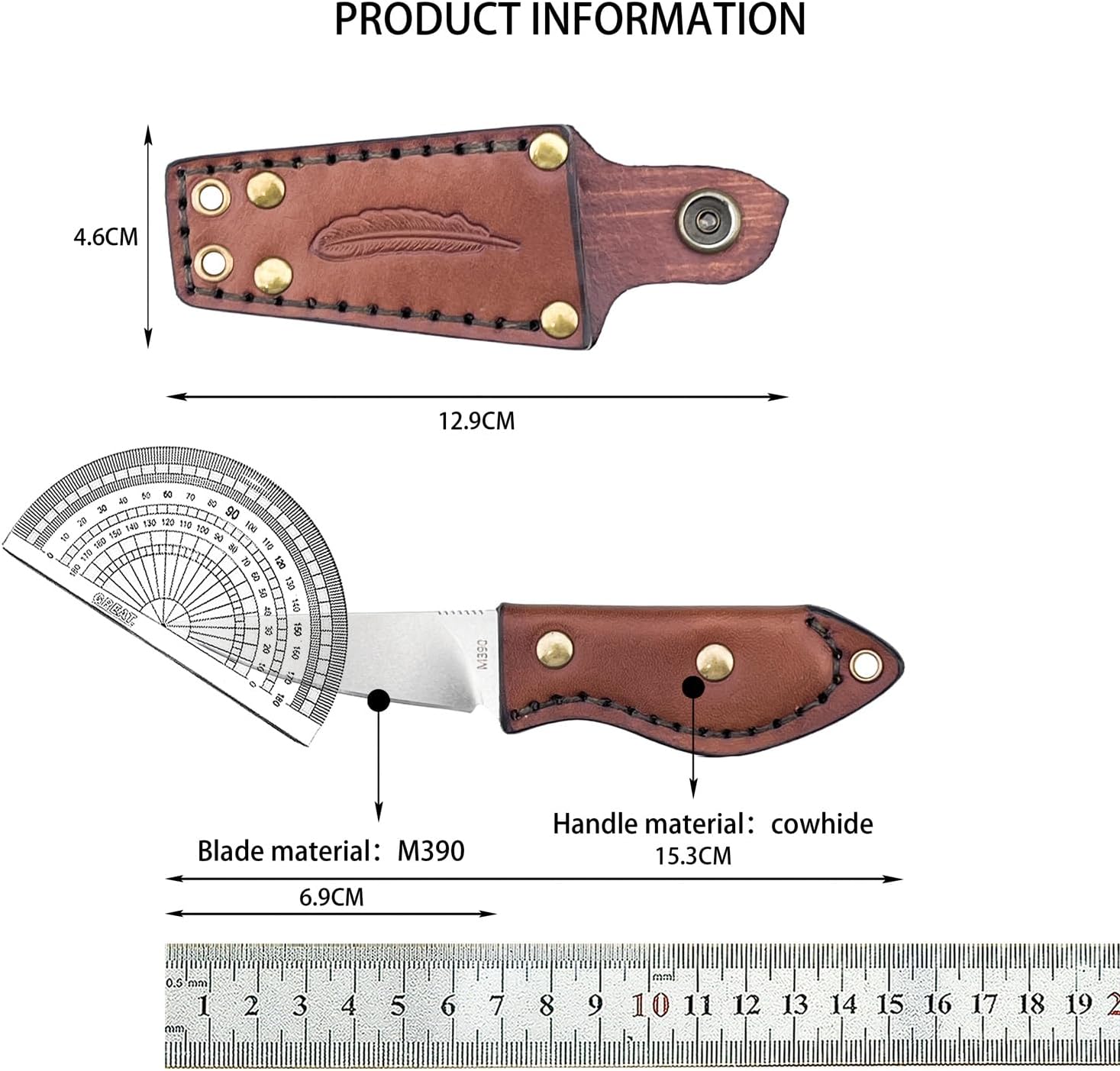 6.02" Inches EDC Fixed Blade Knife with M390 Steel, Leather Handle & Sheath, Brass Rivets - Compact Outdoor & Daily Carry Tool
