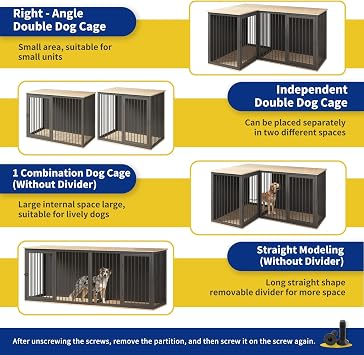 Dog Crate Furniture for 2 Dogs, 79.1 Large Dog Kennel Furniture with Dividers and Double Doors, All Steel Frame Double Dog Crate, 41.7 L X 22 W X 30.3 H, 37.4 L X 22 W X 30.3 H (Black Gray)