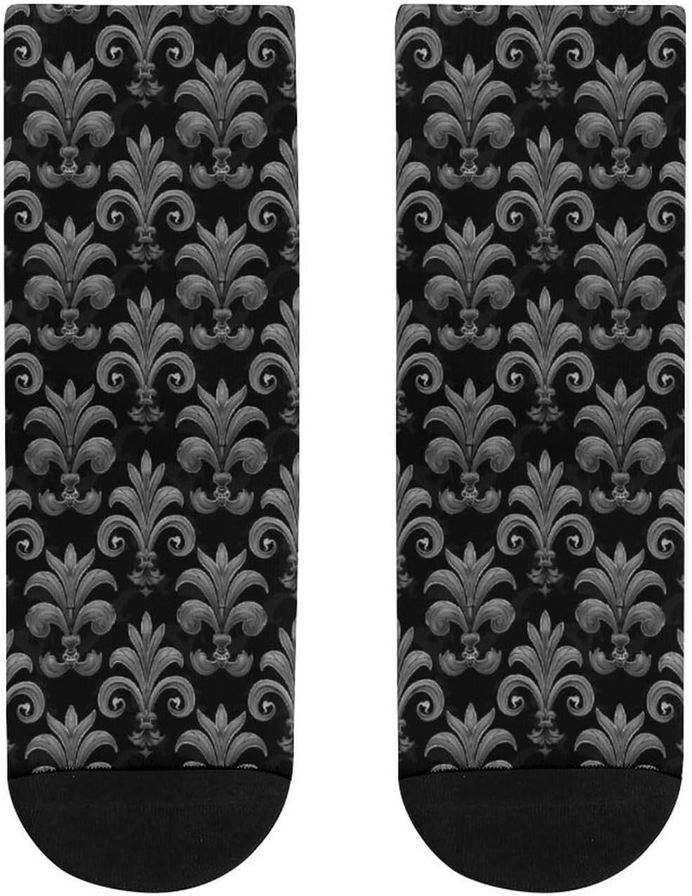 Black Grey Fleur-De-Lis Flowers Knee High Socks Athletic Long Stockings Sport Casual Crew Tube Sock Boot