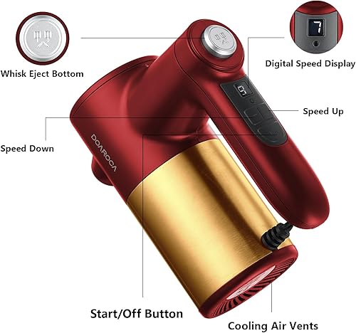 Miniatura 3 de Batidora de mano eléctrica de 9 velocidades, potente batidora de mano eléctrica roja y dorada de 400 W, batidora de mano para hornear pasteles,